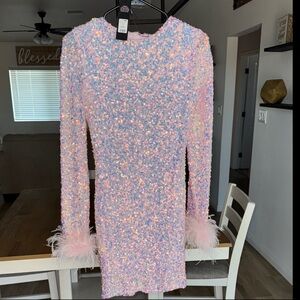 Fashion Nova Pink Sequin Bodycon Dress with Bishop Sleeves